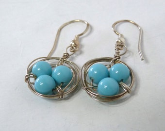 Boucles d'oreilles nid d'oiseau Boucles d'oreilles torsadées en argent sterling avec trois perles turquoises