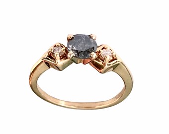 14K Gold Salt and Pepper Diamond Ring, Three Stone Engagement (Size 6.5)