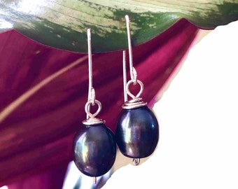 Tahitian Pearl Earrings Sterling Silver, Black Pearl Genuine South Sea Drop Earrings