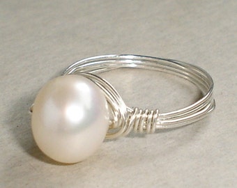 Pearl Ring White South Sea Sterling Silver Wire Wrapped