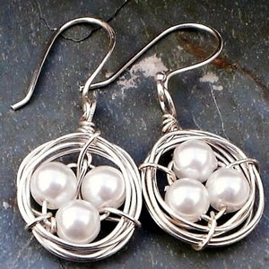 Birds Nest Earrings Triple Freshwater Pearl Sterling Silver Wire Wrapped Earrings