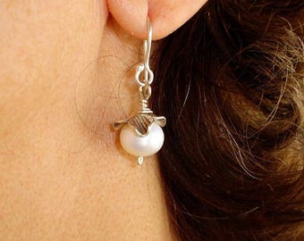 Cultured Pearl Earrings Sterling Silver Hill Tribe Flower White South Sea Pearl Drop Earrings