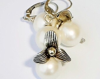 Mother of Pearl Earrings Sterling silver Hand Engraved Flower White Earrings