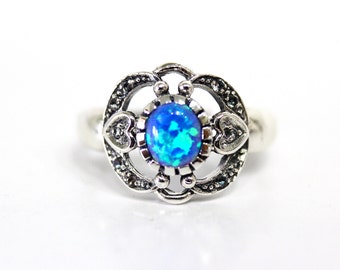 Blue Opal Fire Ring Sterling Silver White Topaz Heart Design Art Deco Ring Size 7 Valentine Day Gift