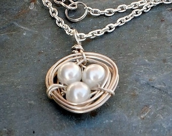 Bird Nest Necklace Pearl Eggs Sterling Silver Wire Wrapped