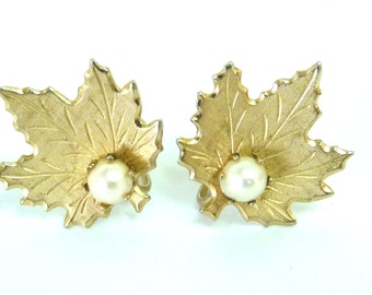Antique French Gold Vermeil Freshwater Pearl Clip On Earrings Maple Leaf Etched Art Deco