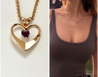 Vintage 14K Gold Filled Heart Pendant with Genuine Amethyst Necklace