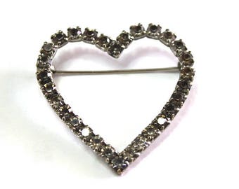 Vintage Czech Crystal Heart Pin Large Silver Sparkle Brooch Christmas Gift