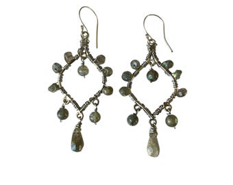 Boucles d'oreilles chandelier en argent sterling et labradorite, style bohème clair de lune