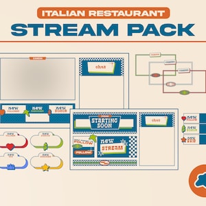 Peut inclure: Un ensemble de superpositions de flux Twitch colorées sur le thème d'un restaurant italien rétro. Les superpositions comprennent un cadre de caméra, une boîte de chat, une bannière de début imminent, de nouveaux abonnés, de nouveaux abonnés, de nouveaux donateurs et de nouvelles alertes de souscription. Les superpositions sont conçues dans un schéma de couleurs bleu, vert, orange et blanc.