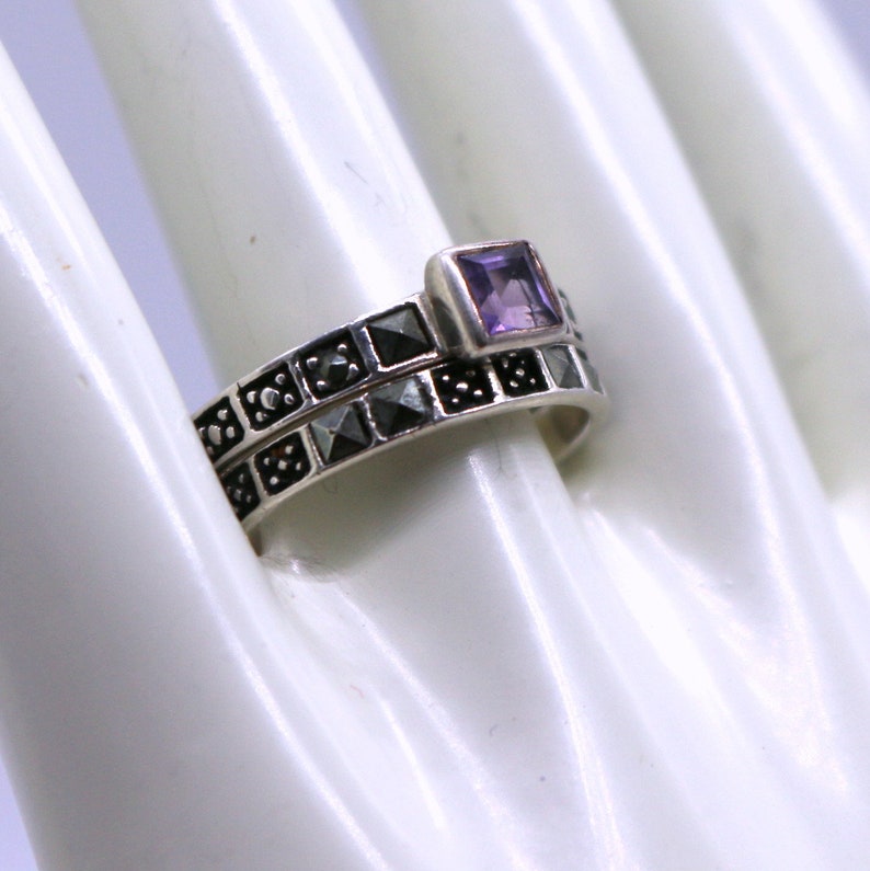 Vintage Marcasite Sterling and Amethyst stacking rings size 6.75