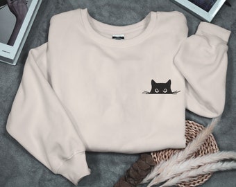 Cat Embroidered Sweatshirt Retro Cute Cat Sweater Black Cat Shirt Gift for Cats Lover Cat Mom Sweatshirt