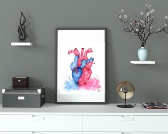 Digitaal Print anatomisch hart in edelsteen style handgeschilderde aquarel online download 5 formaten