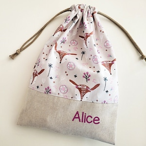 Sac à doudou personnalisable - Biches - Fleurs - Violet - école - multicolore - maternelle - chaussons