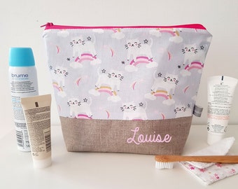 Toiletry pouch - zipper - unicorn cats - gray - pink - white - coated - waterproof - beauty pouch - customizable - kids - mum - dad