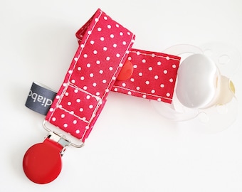 Pacifier clip - snap - enamel clip - graphic - dots - red - white - cotton fabric - baby - baby gift - baby shower - dummy