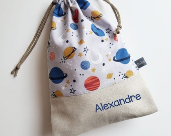 Sac à doudou personnalisable - Sac à coulisses - planètes - espace - multicolore - maternelle - nounou - chaussons