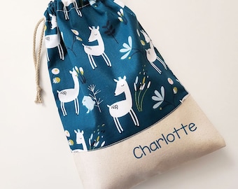 Customizable drawstring pouch - cuddly toy bag - deer - bunny - blue - white - name - kindergarden - slippers or toys bag