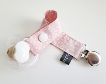 Pacifier clip - snap - enamel clip - graphic - dots - light pink - white - cotton fabric - baby - baby gift - baby shower - dummy