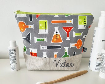 Trousse de toilette - lin enduit - chimie - gris - vert - orange - blanc - imperméable - maquillage - enfants - parents - personnalisable