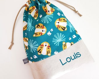 Customizable drawstring pouch - tigers - turquoise - yellow - white - cuddly toy bag - name - kindergarden - slippers or toys bag