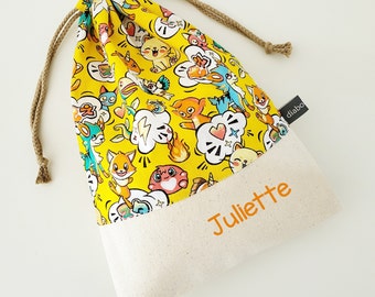 Sac à doudou personnalisable - animaux chats mangas - jaune - bleu - rose - école - multicolore - maternelle - chaussons