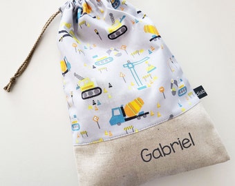 Customizable drawstring pouch - construction - trucks - gray - orange - yellow - cuddly toy bag - name - kindergarden - slippers or toys bag