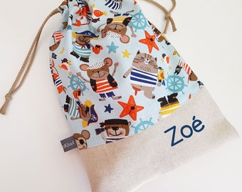 Customizable drawstring pouch - pirates - animals - blue - cuddly toy bag - name - kindergarden - slippers or toys bag