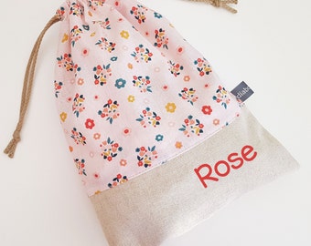 Customizable drawstring pouch - flowers - pink - coral pink - cuddly toy bag - name - kindergarden - slippers or toys bag