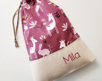 Customizable drawstring pouch - cuddly toy bag - deer - bunny - plum  pink- white - name - kindergarden - slippers or toys bag