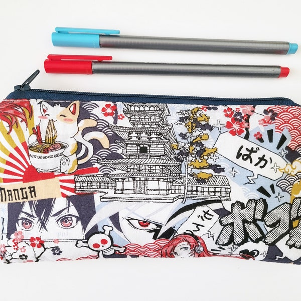 Trousse à crayons - manga - ramen - Japon - bleu - rouge - blanc - crayons