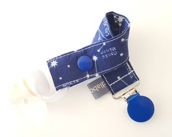 Pacifier clip - snap - enamel clip - constellation - stars - navy blue - cotton - baby boy girl - baby gift - baby shower - dummy