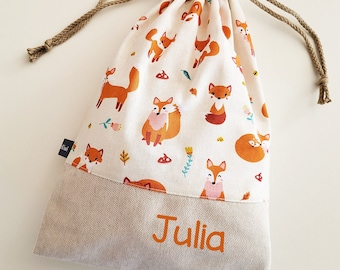 Sac à doudou personnalisable - Renards - Orange - Rouge - école - multicolore - maternelle - chaussons