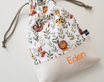 Customizable drawstring pouch - construction - trucks - gray - orange - yellow - cuddly toy bag - name - kindergarden - slippers or toys bag