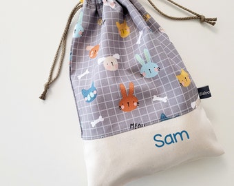 Customizable drawstring pouch - construction - trucks - gray - orange - yellow - cuddly toy bag - name - kindergarden - slippers or toys bag