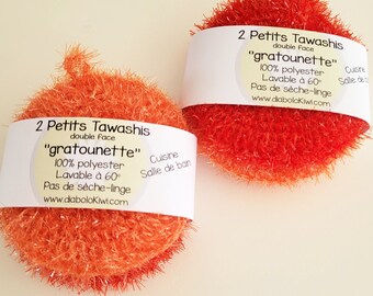 Lot de 2 Tawashis gratounettes - éponge lavable - rouge/orange