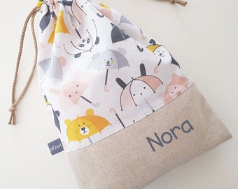 Sac à doudou personnalisable - parapluies - animaux - pandas - chats - rose - jaune - gris - école - multicolore - maternelle - chaussons