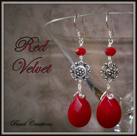Items similar to Red Jade Earrings Bali Silver Crystal RED VELVET on Etsy