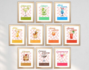 Set of 10 Cocktails Wall Art in Vintage / Retro Colours | Wall Decor | Digital Download