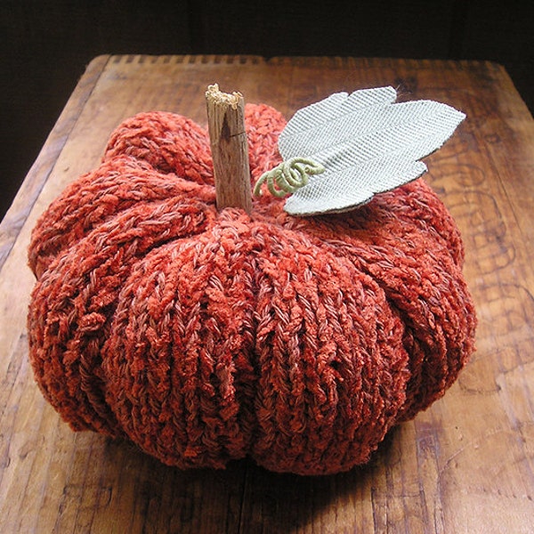 Hand knit pumpkin - fall autumn orange cotton chenille tabletop thanksgiving tablescape table decor primitive rustic woodland