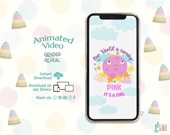 It's a GIRL Digital Announcement, Clouds Gender Reveal Evite, Countdown Gender Reveal Video for Social Media, World Blue Baby Announcement
