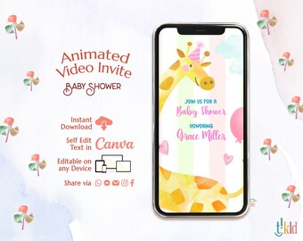Digital Baby Shower Invitation Giraffe, Electronic Baby Shower Evite, Editable Video Invite Template, Gender Neutral Baby Shower e-invite