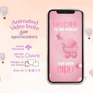 É um vídeo digital de anúncio de nascimento de menina, modelo editável de texto eletrônico de anúncio de bebê recém-nascido, anúncio digital de gravidez