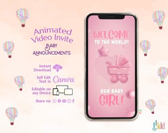 It's a Girl Birth Announcement Digital Video, Electronic Newborn Baby Announcement Text Editable Template, Digital Pregnancy Announcement
