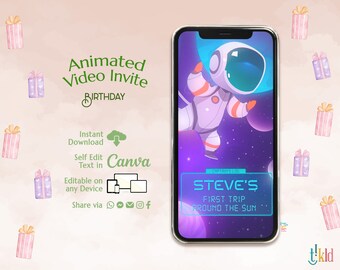 First Trip Around The Sun Birthday Digital Invitation, Astronaut Birthday Evite, Party Editable Video Invite Template, Outer Space e-invite