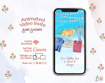 Clothesline Baby Shower Digital Invitation, Boho Electronic Baby Shower Evite, Retro Editable Video Invite Template, Gender Neutral e-invite