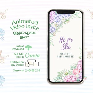 Digital Gender Reveal Invitation Floral, Electronic Gender Reveal Evite, He or She Editable Template, Flowers Baby Boy Or Girl Party Invite