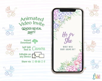 Digital Gender Reveal Invitation Floral, Electronic Gender Reveal Evite, He or She Editable Template, Flowers Baby Boy Or Girl Party Invite