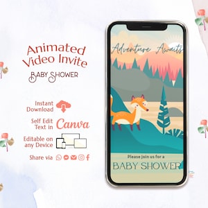 L&#39;aventure vous attend pour une baby shower, Evite pour baby shower des bois, modèle d&#39;invitation vidéo modifiable pour baby shower nature, invitation électronique