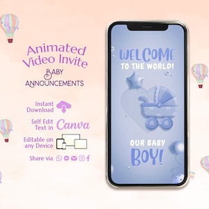 It's a Boy Birth Announcement Digital Video, Electronic Newborn Baby Announcement Text Editable Template, Digital Pregnancy Announcement